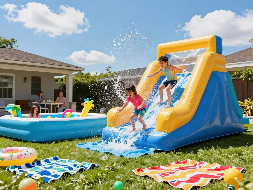 Children playing on an inflatable water slide, enjoying a summer day filled with laughter and splashes.
