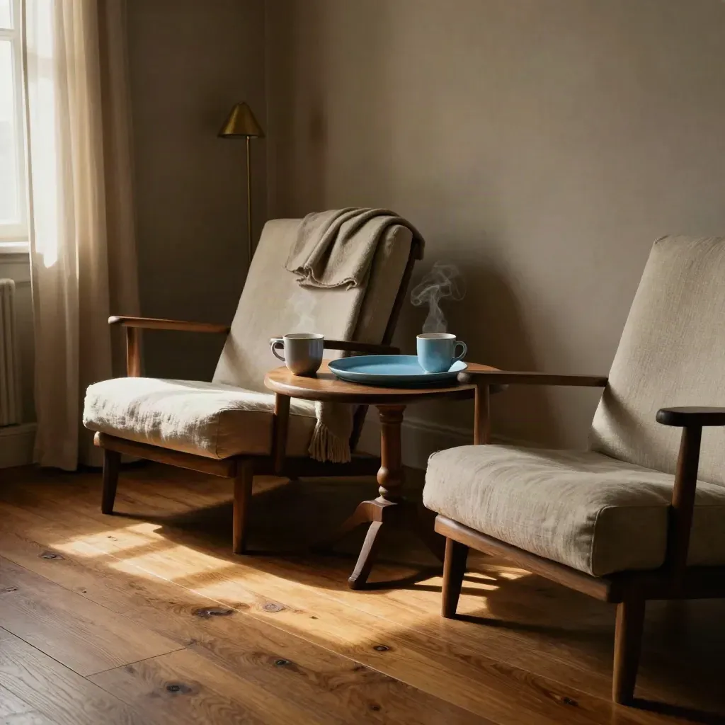 Two steaming mugs and linen chairs in a calm sitting room, lit by late sun.