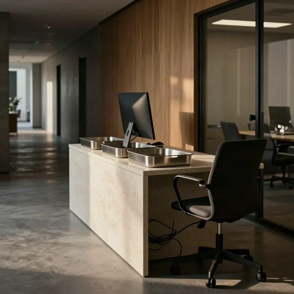 Empty coaching workspace with aligned trays, dark monitor, and pushed-back chair in calm daylight.