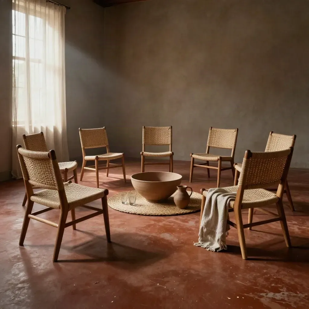Empty facilitation room with woven chairs, clay bowl, and glowing curtained window.