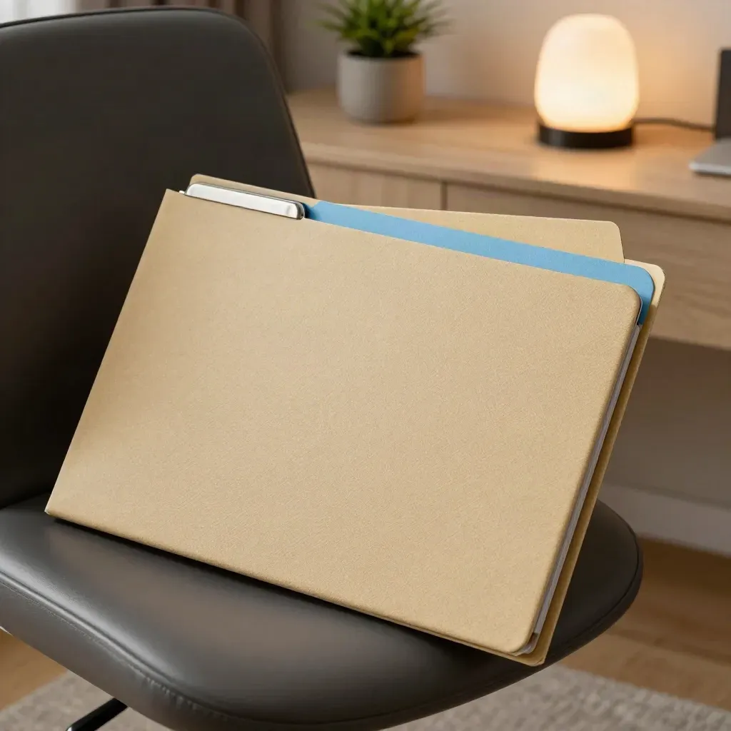Sealed compensation folder, swivel chair, desk plant and lamp in a calm office corner.