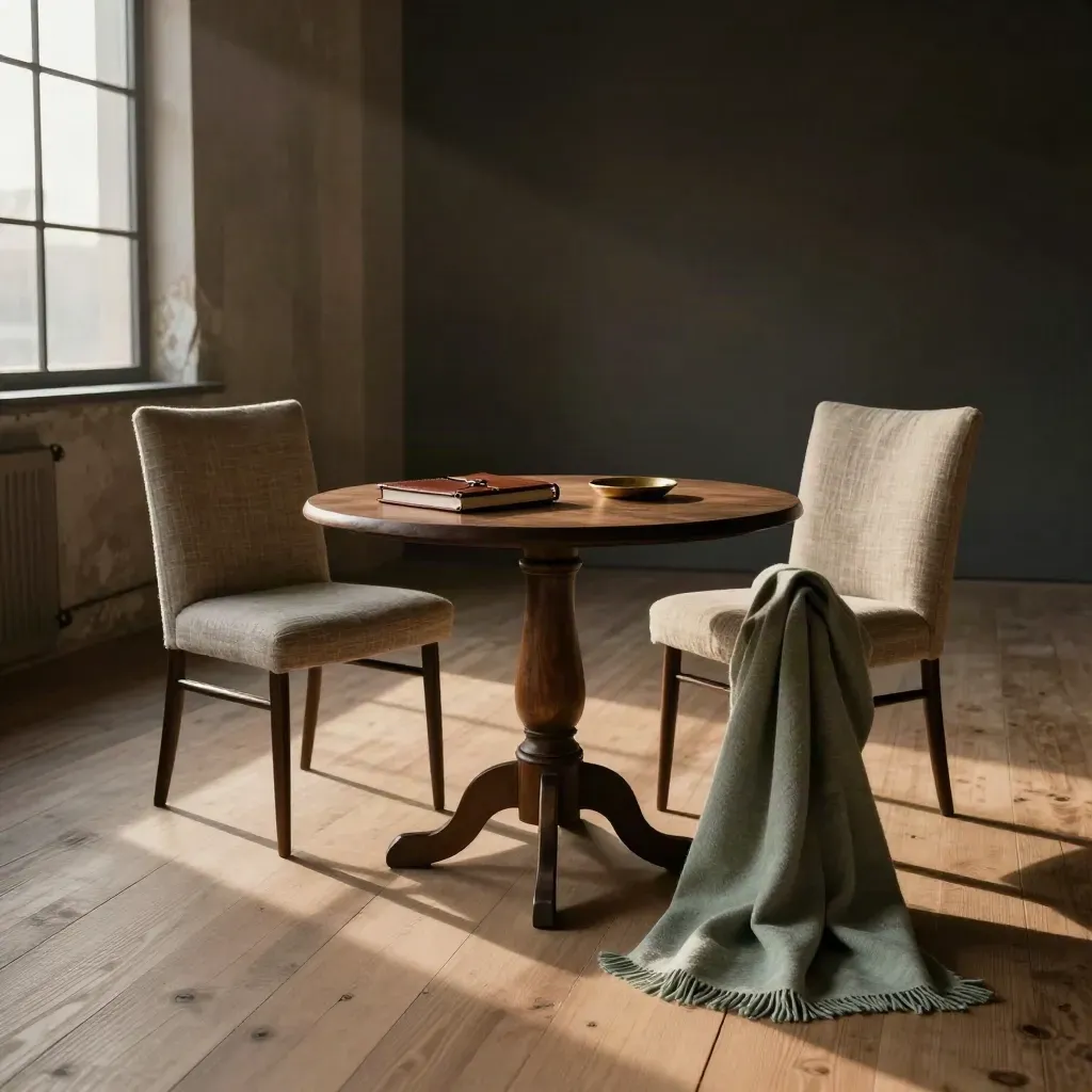Empty studio loft with two chairs, round table, and closed notebooks in sunset light.