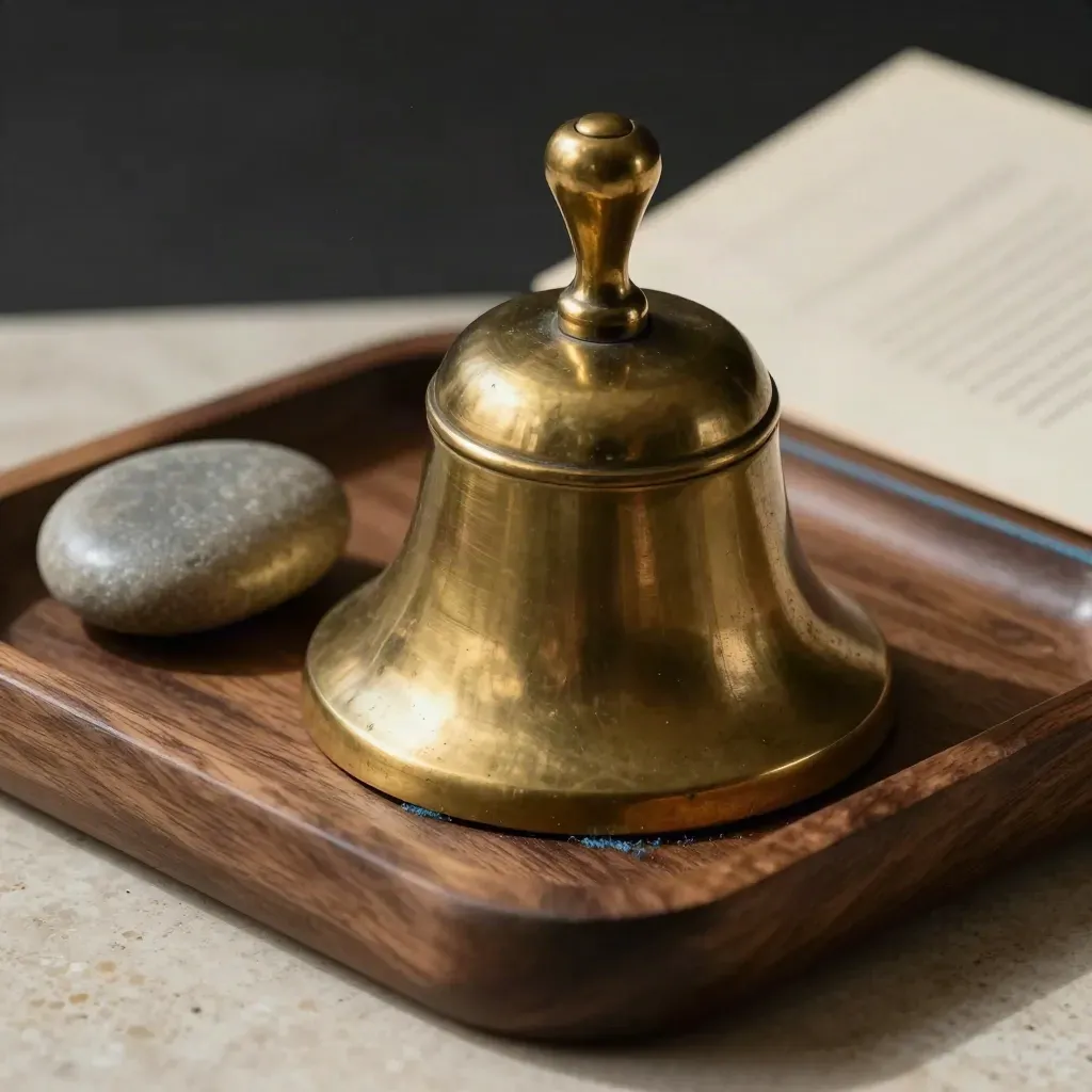 Brass talking bell, polished river stone, and walnut felt-lined tray in dramatic close-up