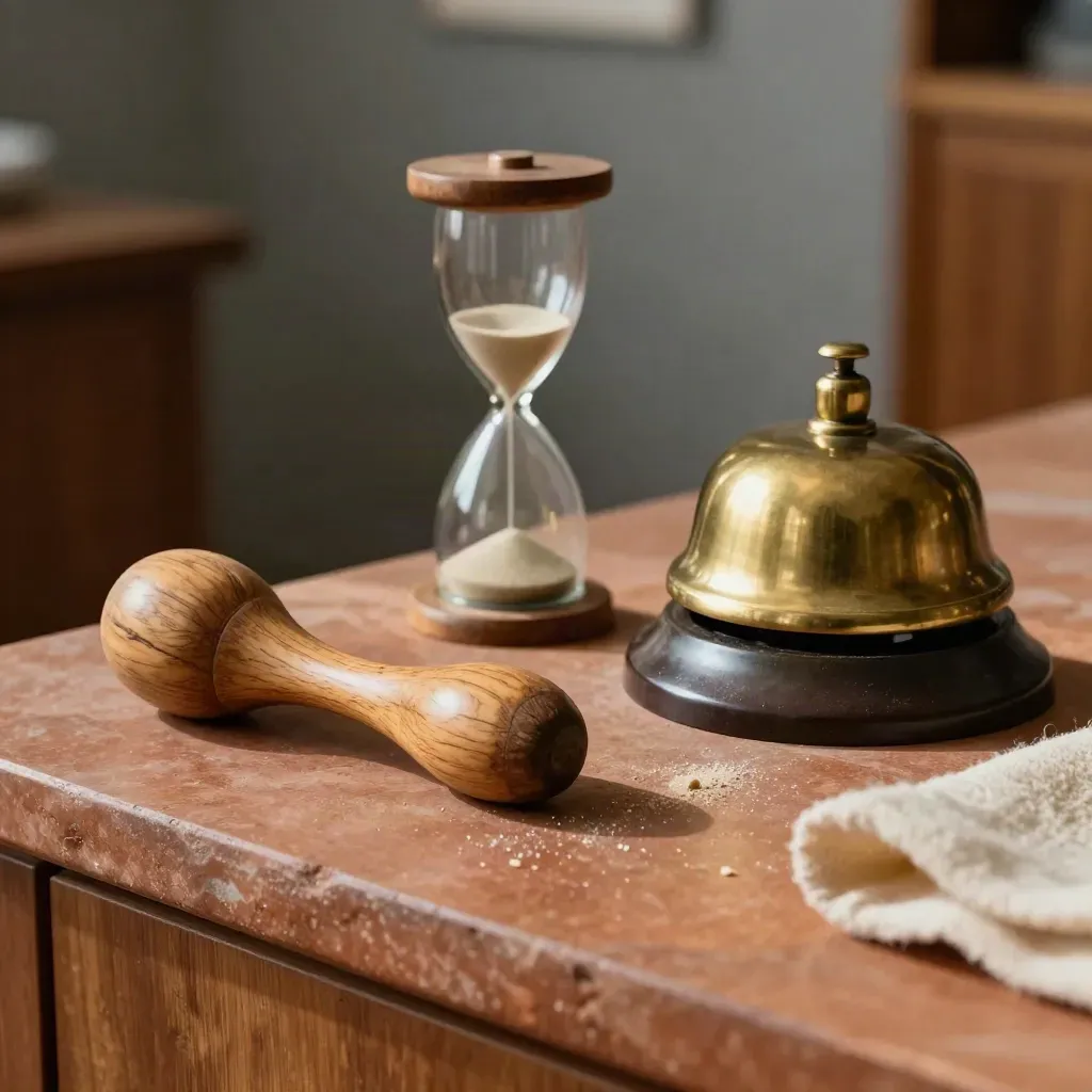 Wooden talking piece, sand timer, and brass bell on a terracotta stone slab