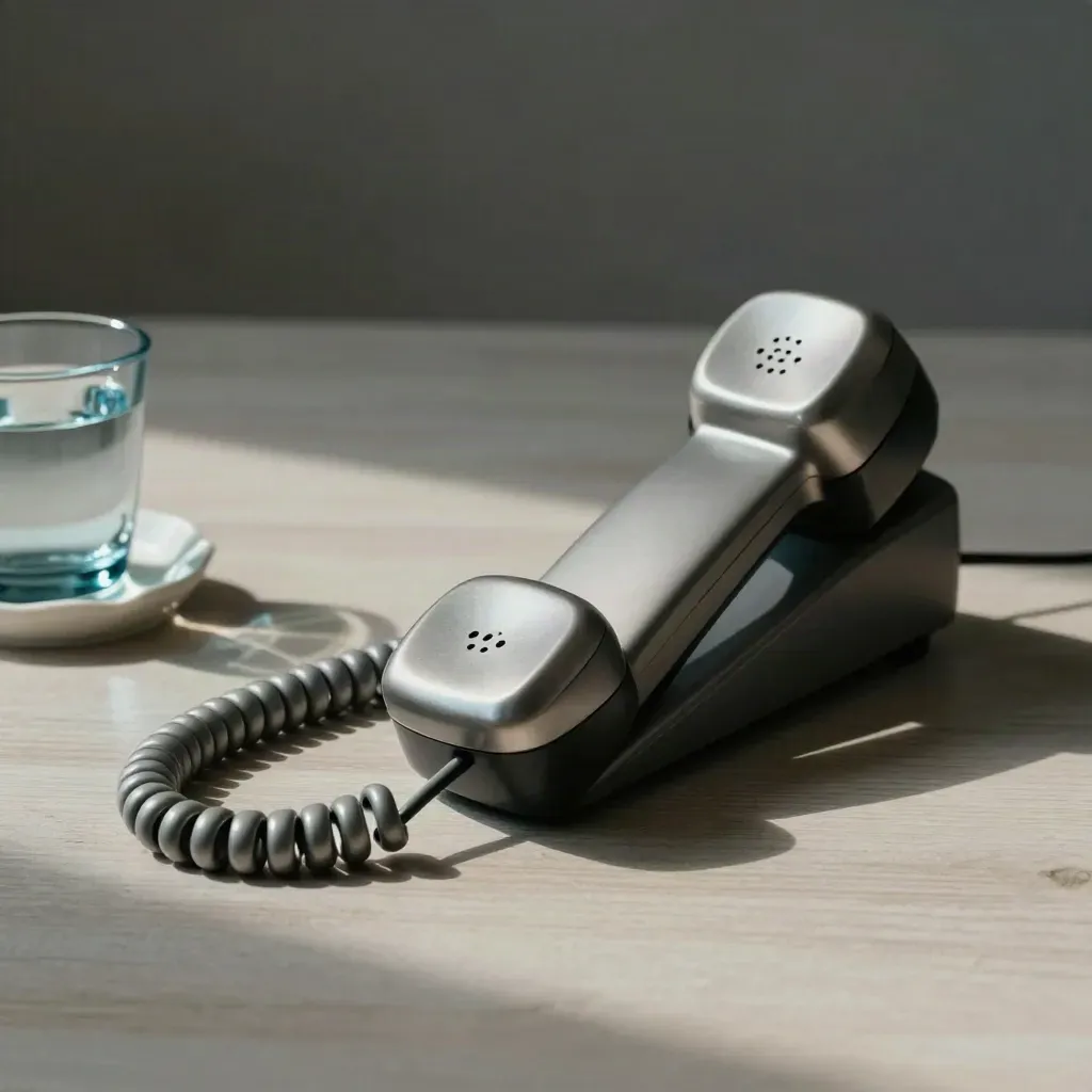 Brushed steel phone handset in cradle on pale wood with a looping coil cord and soft blue accent.