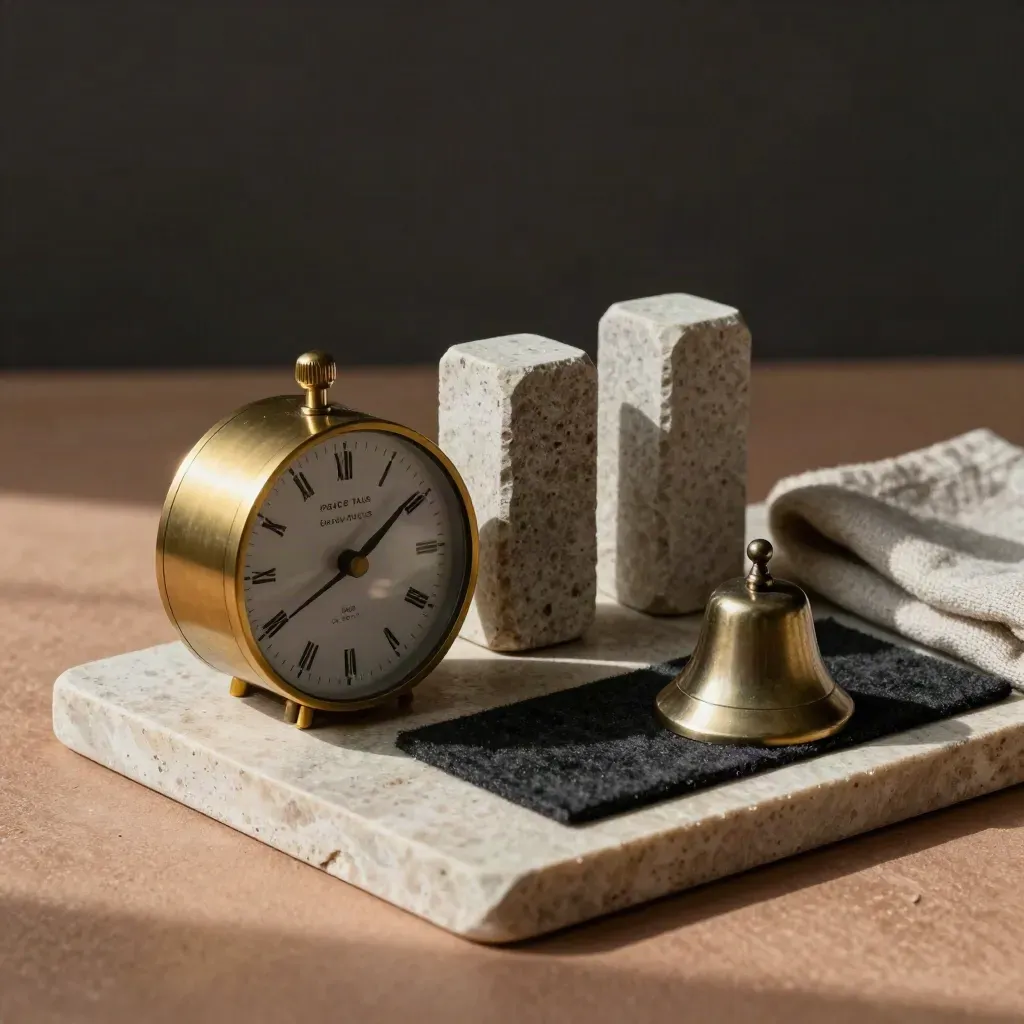 Brass timer, stacked stone markers, and small bell on felt mat in soft side light.