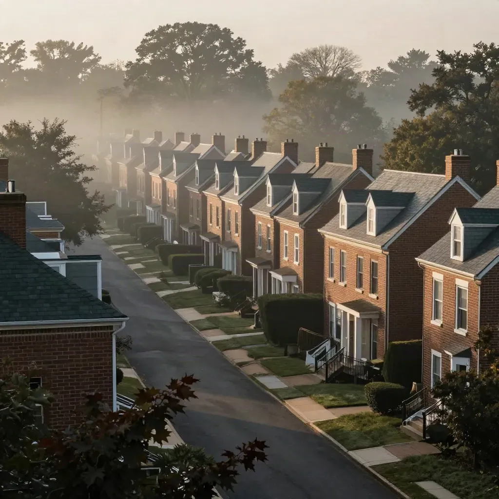 Brick rowhomes in silver fog under maples, quiet Maryland suburb at dawn.