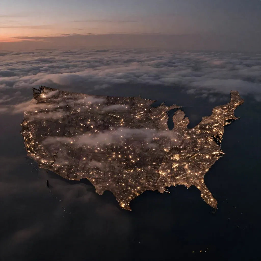 Twilight aerial of US city lights under clouds, with open dark sky for copy.